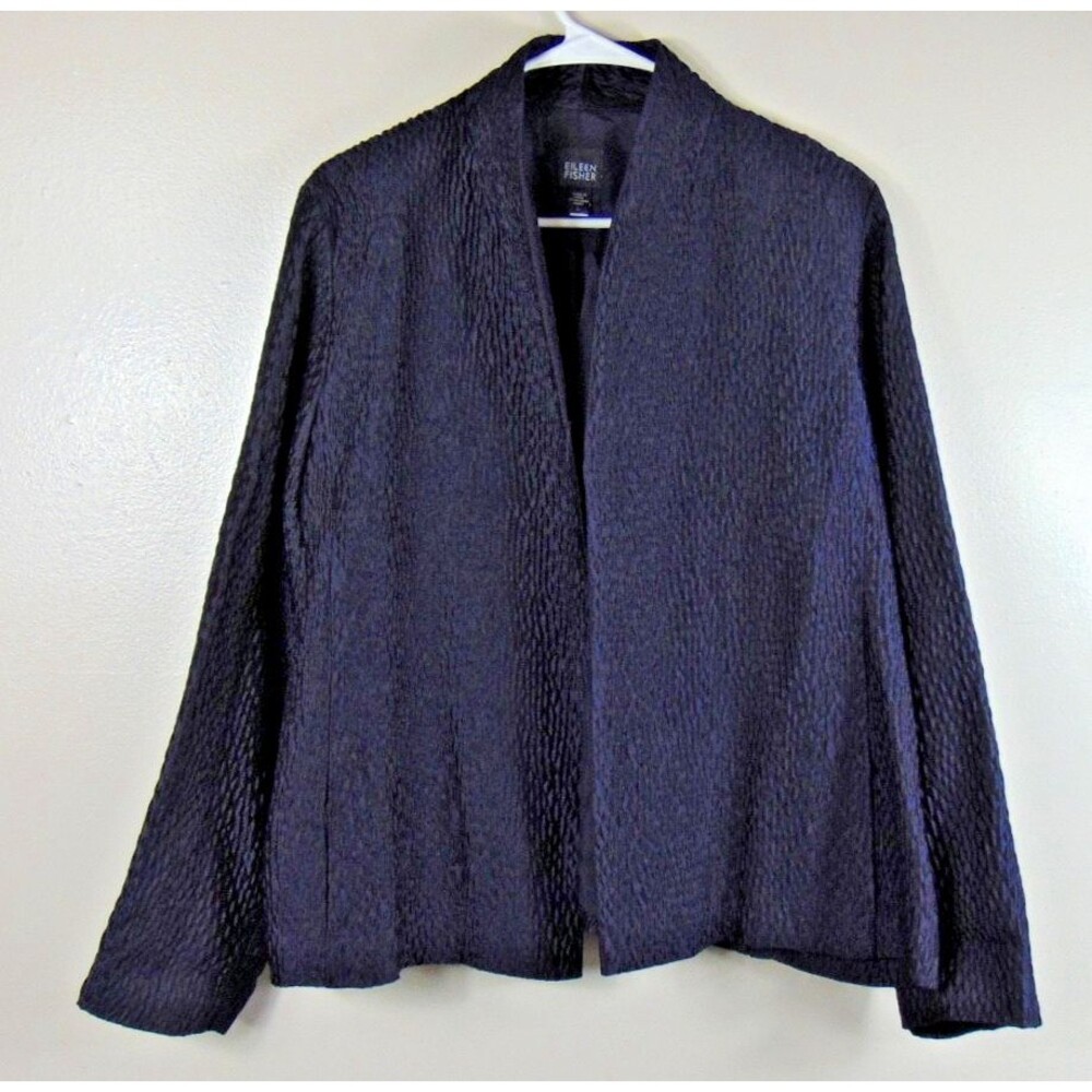 Eileen Fisher Silk Blend Textured Open Front Jacket Navy Blue Pucker Women Large